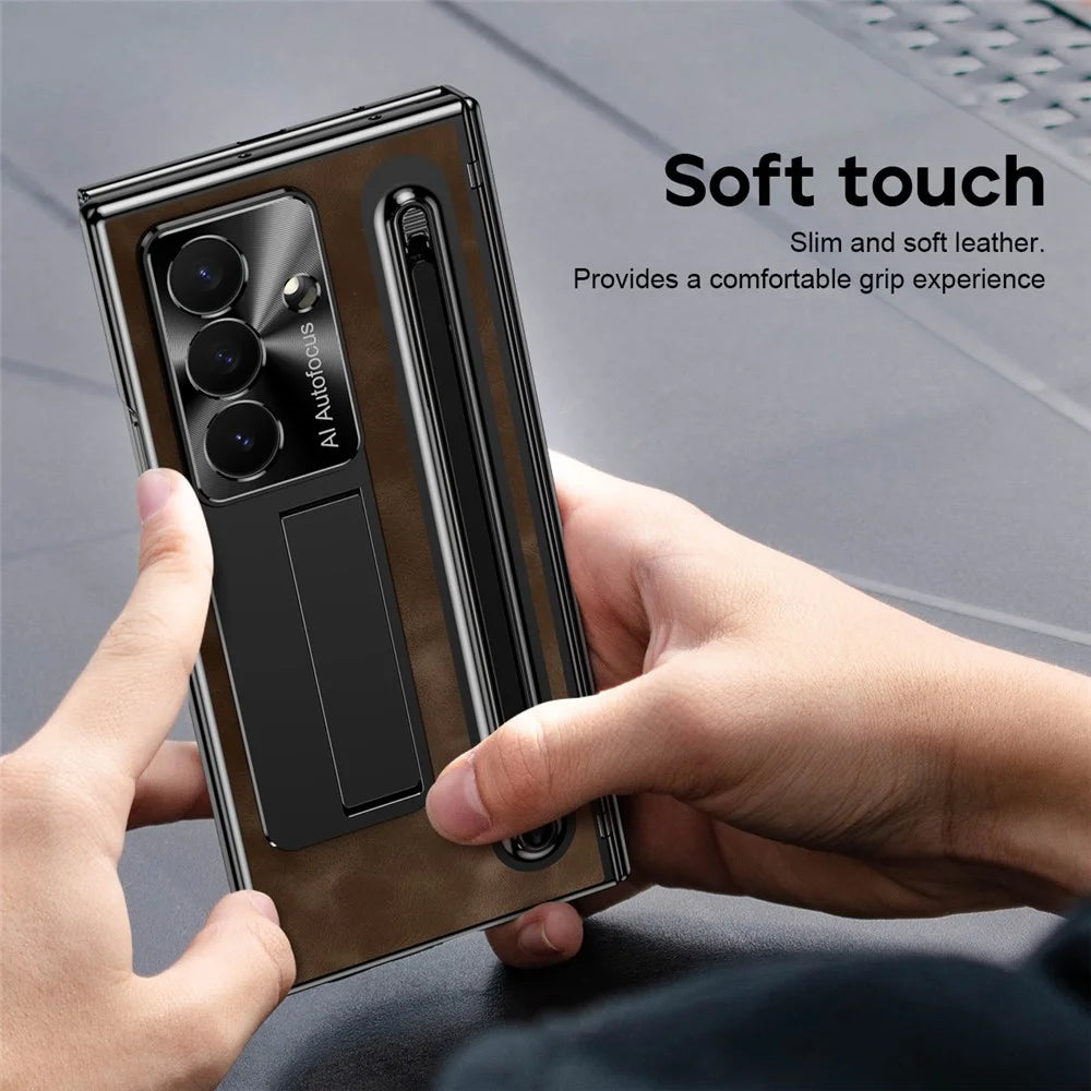 For Samsung Galaxy Z TriFold 5G Case Retro Leather + PC Kickstand Phone Cover with Tempered Glass Film and Stylus - Coffee - 4