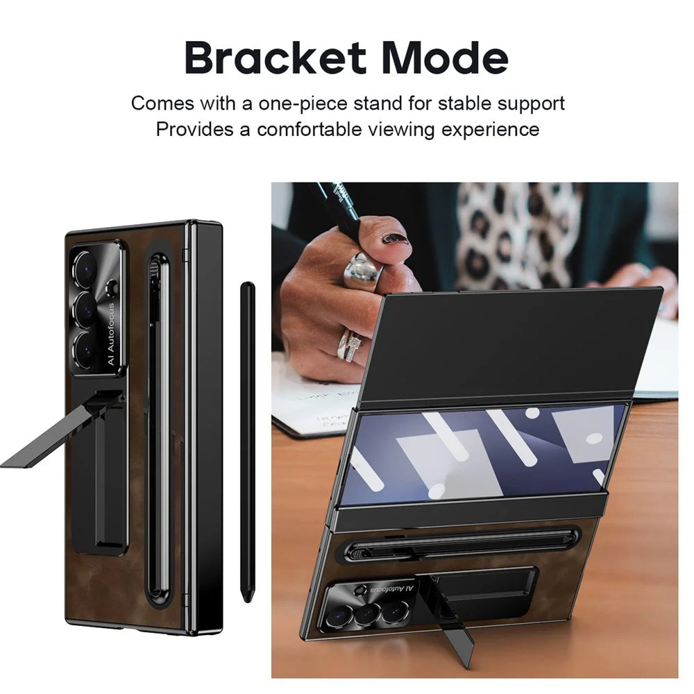 For Samsung Galaxy Z TriFold 5G Case Retro Leather + PC Kickstand Phone Cover with Tempered Glass Film and Stylus - Coffee - 5