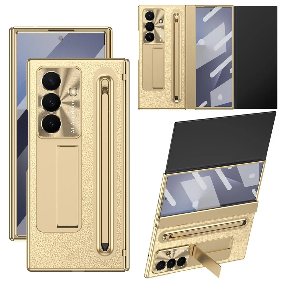 For Samsung Galaxy Z TriFold 5G Case Kickstand Leather PC Phone Cover with Tempered Glass Film with Stylus - Gold - 1