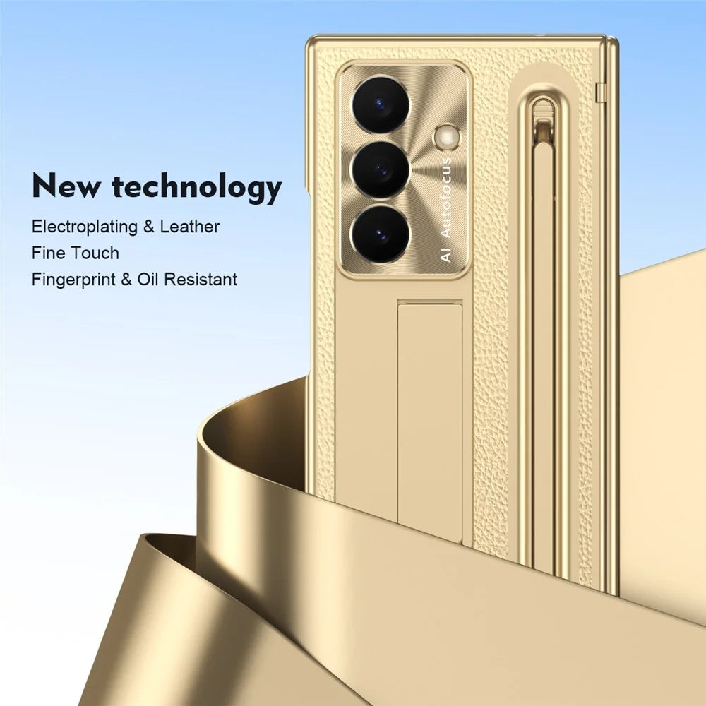For Samsung Galaxy Z TriFold 5G Case Kickstand Leather PC Phone Cover with Tempered Glass Film with Stylus - Gold - 2