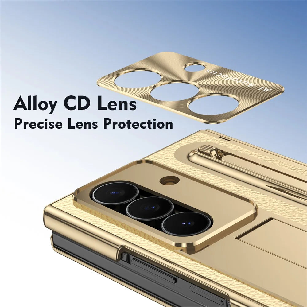 For Samsung Galaxy Z TriFold 5G Case Kickstand Leather PC Phone Cover with Tempered Glass Film with Stylus - Gold - 3