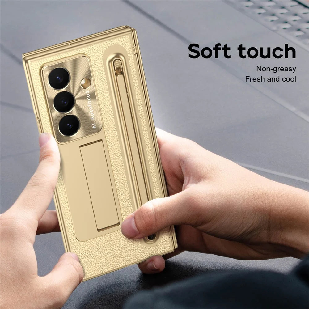 For Samsung Galaxy Z TriFold 5G Case Kickstand Leather PC Phone Cover with Tempered Glass Film with Stylus - Gold - 4