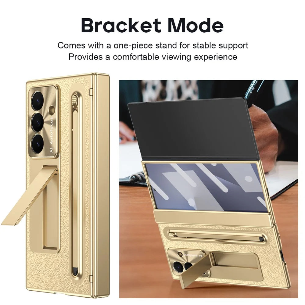 For Samsung Galaxy Z TriFold 5G Case Kickstand Leather PC Phone Cover with Tempered Glass Film with Stylus - Gold - 5