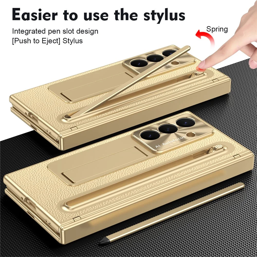 For Samsung Galaxy Z TriFold 5G Case Kickstand Leather PC Phone Cover with Tempered Glass Film with Stylus - Gold - 6
