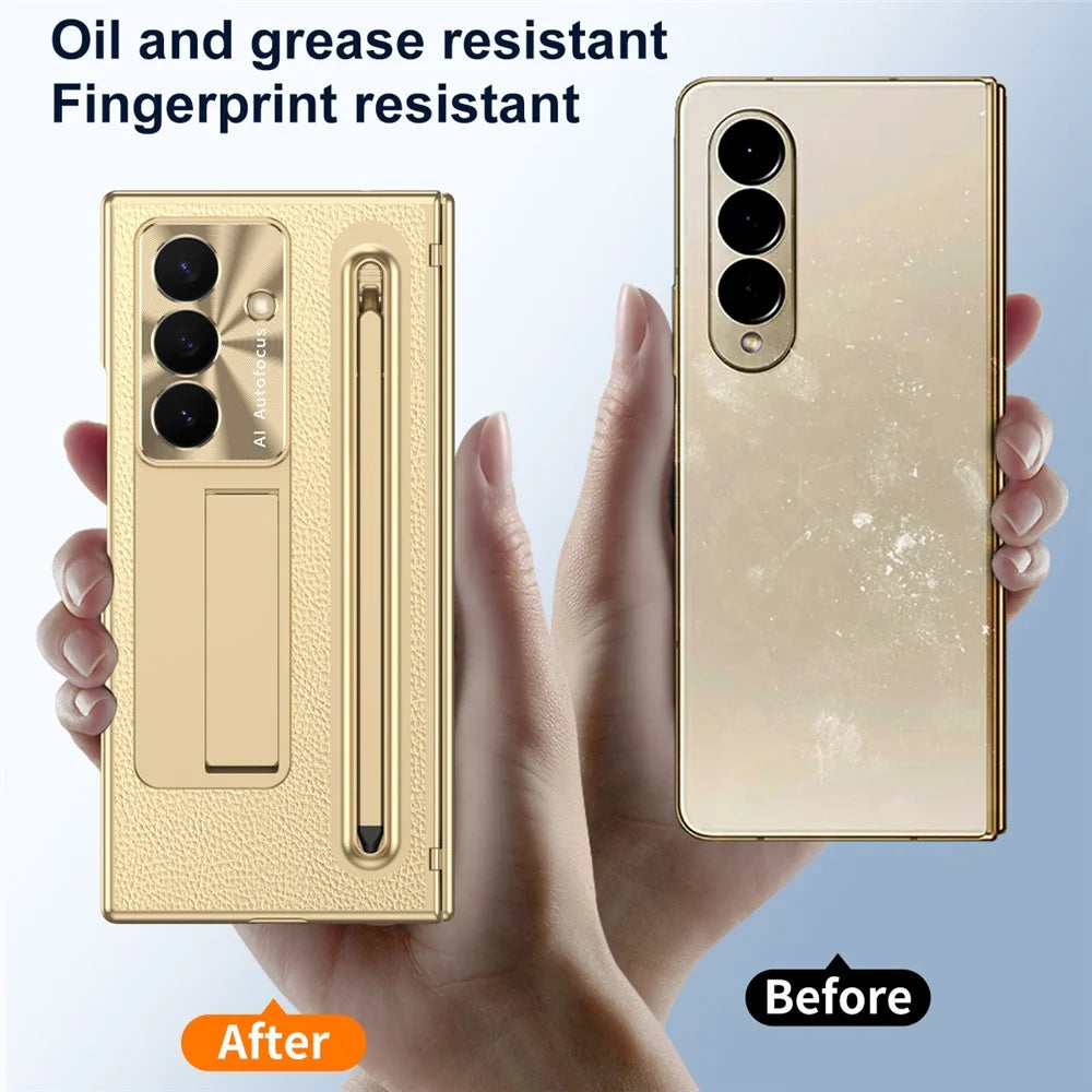 For Samsung Galaxy Z TriFold 5G Case Kickstand Leather PC Phone Cover with Tempered Glass Film with Stylus - Gold - 7