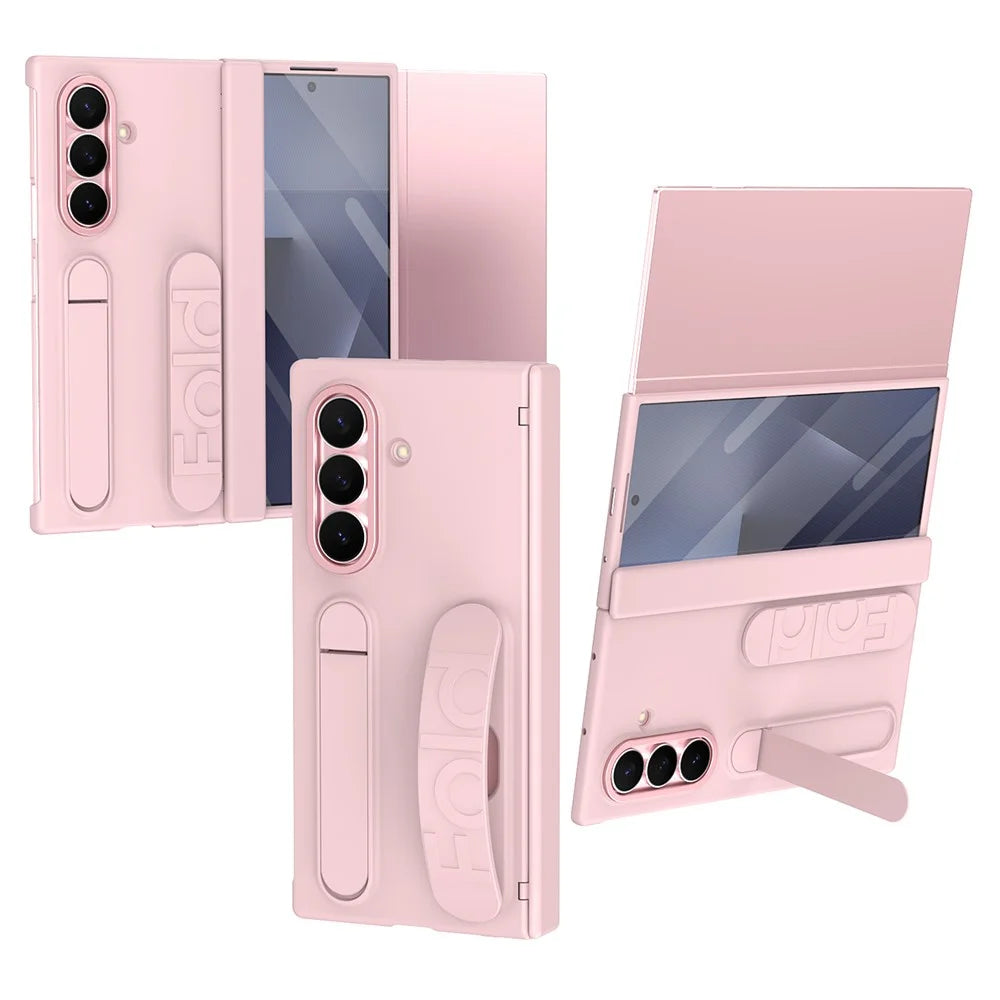 For Samsung Galaxy Z TriFold 5G Case Kickstand Wristband PC Phone Cover with Tempered Glass Film - Pink - 1