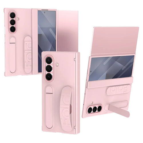 For Samsung Galaxy Z TriFold 5G Case Kickstand Wristband PC Phone Cover with Tempered Glass Film - Pink - 1