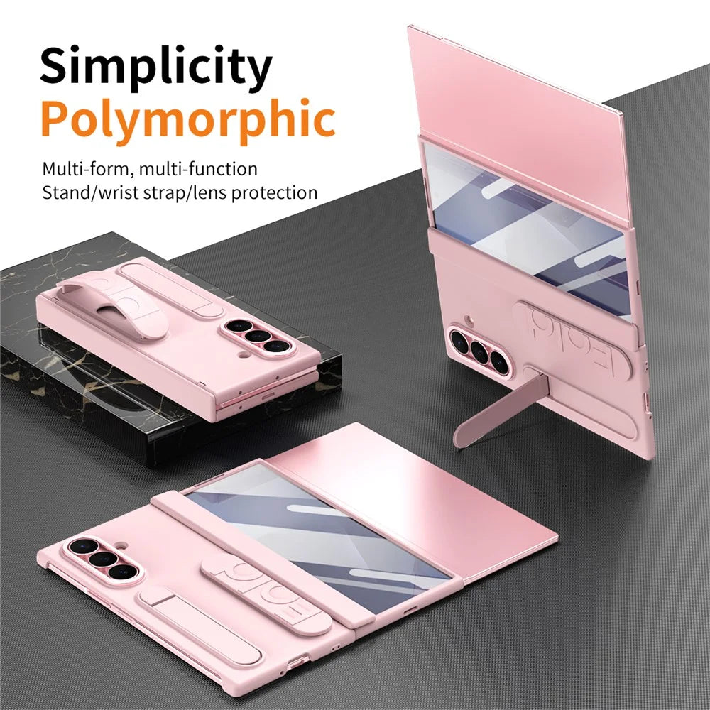 For Samsung Galaxy Z TriFold 5G Case Kickstand Wristband PC Phone Cover with Tempered Glass Film - Pink - 2