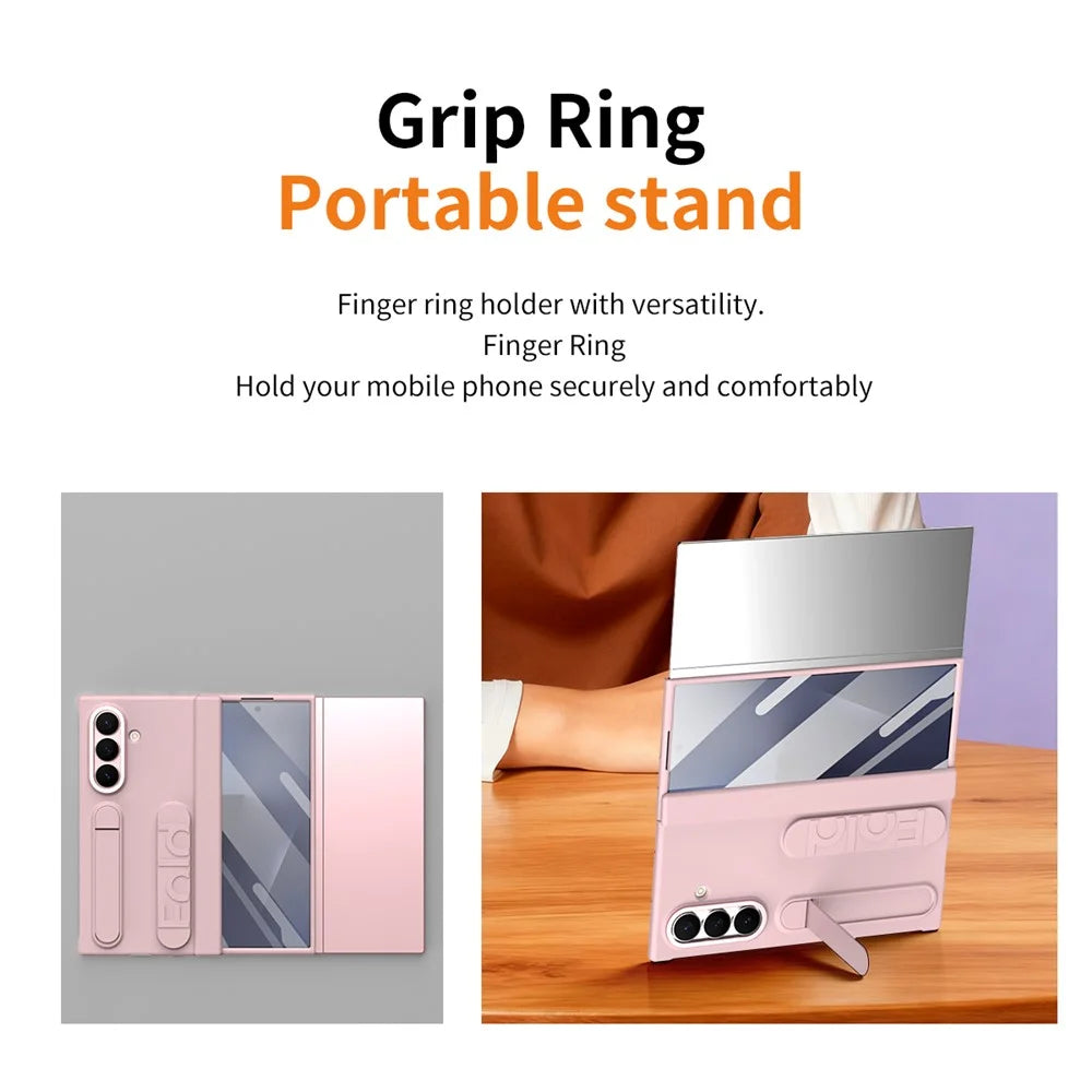 For Samsung Galaxy Z TriFold 5G Case Kickstand Wristband PC Phone Cover with Tempered Glass Film - Pink - 5