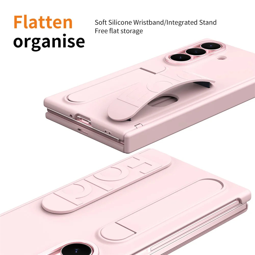 For Samsung Galaxy Z TriFold 5G Case Kickstand Wristband PC Phone Cover with Tempered Glass Film - Pink - 6