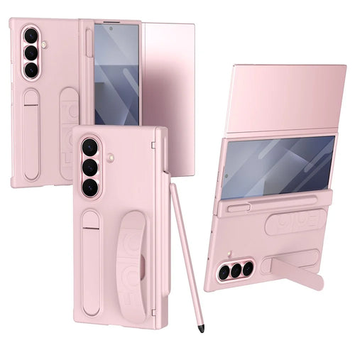 For Samsung Galaxy Z TriFold 5G Case Card Slot Kickstand Wristband Hard PC Phone Cover with Tempered Glass Film / Stylus - Pink - 1