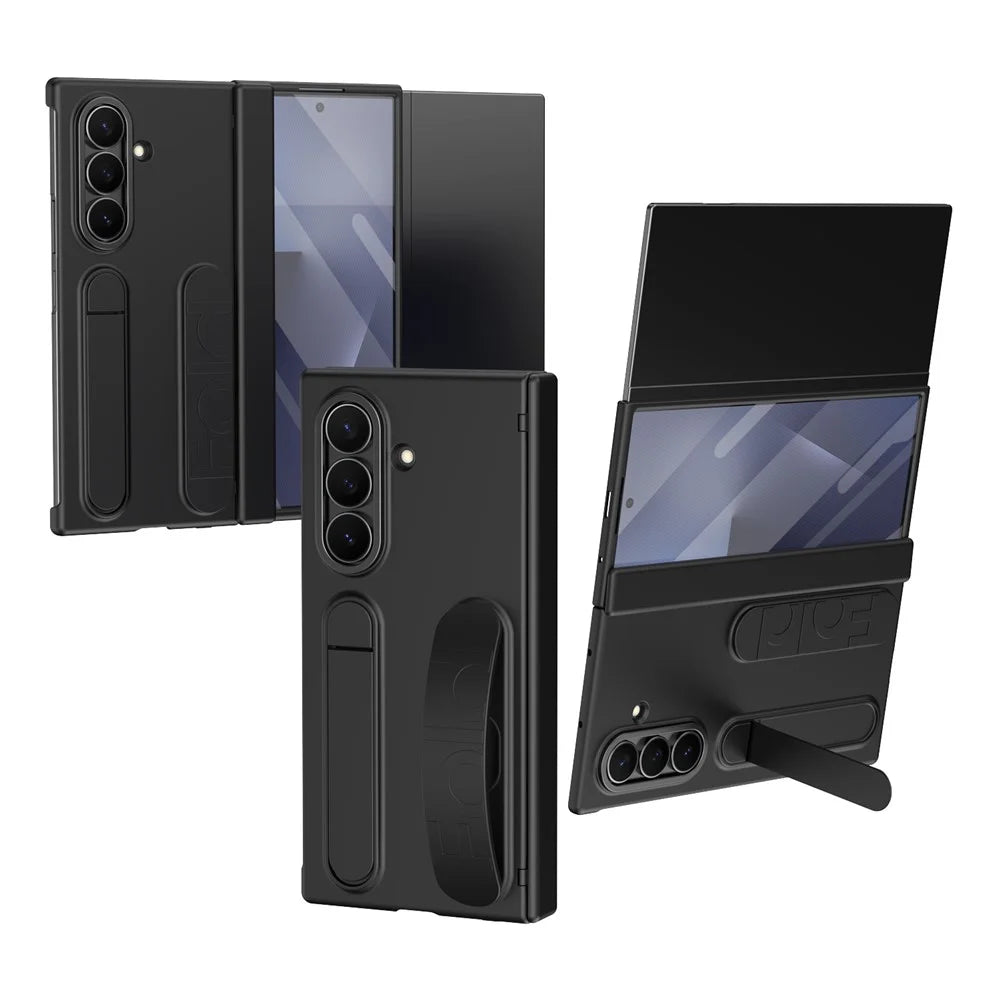 For Samsung Galaxy Z TriFold 5G Case Card Slot Kickstand Wristband Hard PC Phone Cover with Tempered Glass Film - Black - 1