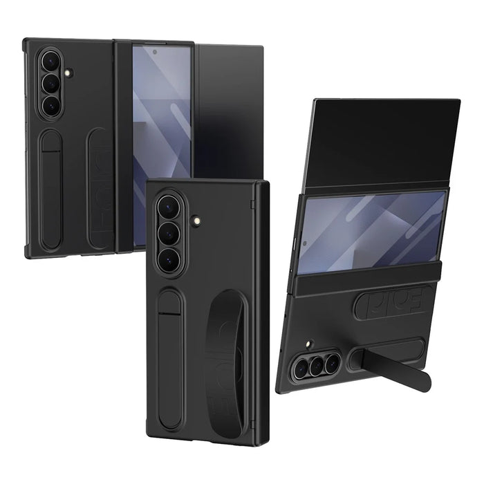 For Samsung Galaxy Z TriFold 5G Case Card Slot Kickstand Wristband Hard PC Phone Cover with Tempered Glass Film - Black - 1