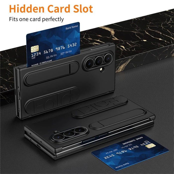For Samsung Galaxy Z TriFold 5G Case Card Slot Kickstand Wristband Hard PC Phone Cover with Tempered Glass Film - Black - 2