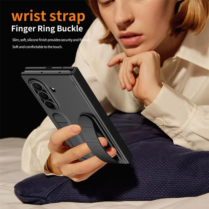 For Samsung Galaxy Z TriFold 5G Case Card Slot Kickstand Wristband Hard PC Phone Cover with Tempered Glass Film - Black - 5
