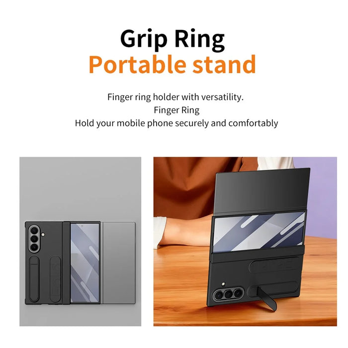 For Samsung Galaxy Z TriFold 5G Case Card Slot Kickstand Wristband Hard PC Phone Cover with Tempered Glass Film - Black - 6