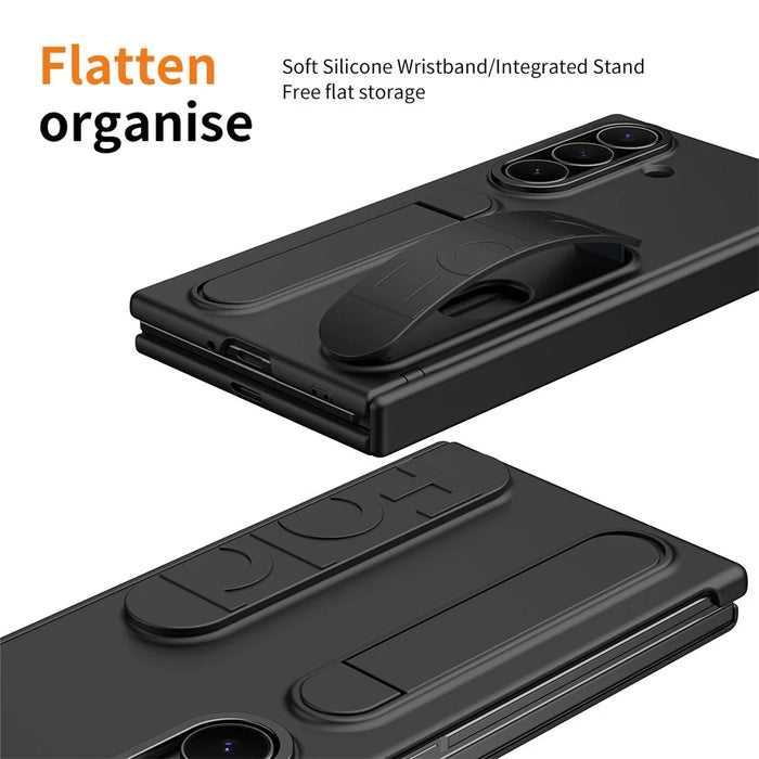 For Samsung Galaxy Z TriFold 5G Case Card Slot Kickstand Wristband Hard PC Phone Cover with Tempered Glass Film - Black - 7