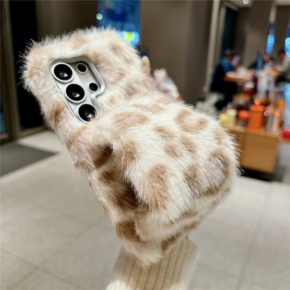For Samsung Galaxy S26 Ultra Case Winter Warm Fluffy Leopard TPU Phone  Cover with Hand Strap - White - 4