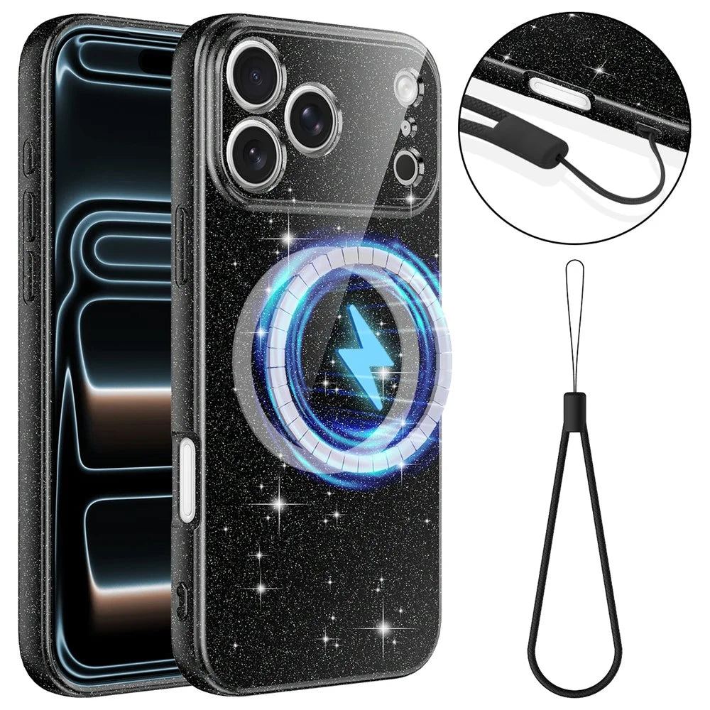 For iPhone 17 Pro Magnetic Case Glitter TPU Shockproof Phone Cover with Lanyard Compatible with MagSafe - Black - 1