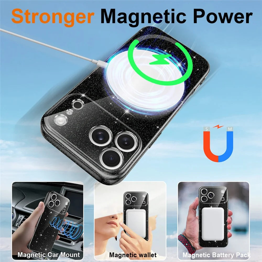 For iPhone 17 Pro Magnetic Case Glitter TPU Shockproof Phone Cover with Lanyard Compatible with MagSafe - Black - 3