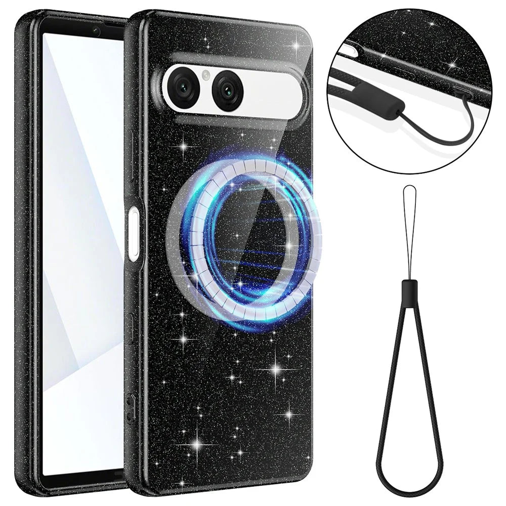 For Sony Xperia 10 VII Magnetic Case Glitter TPU Shockproof Phone Cover with Lanyard Compatible with MagSafe - Black - 1