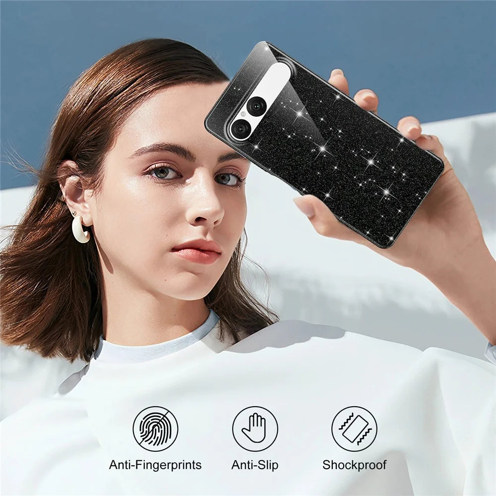 For Sony Xperia 10 VII Magnetic Case Glitter TPU Shockproof Phone Cover with Lanyard Compatible with MagSafe - Black - 7