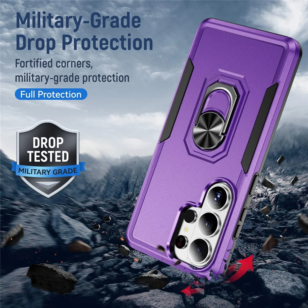 For Samsung Galaxy S26 Ultra Case Military Grade Ring Kickstand PC + TPU Phone Cover - Purple + Black - 7