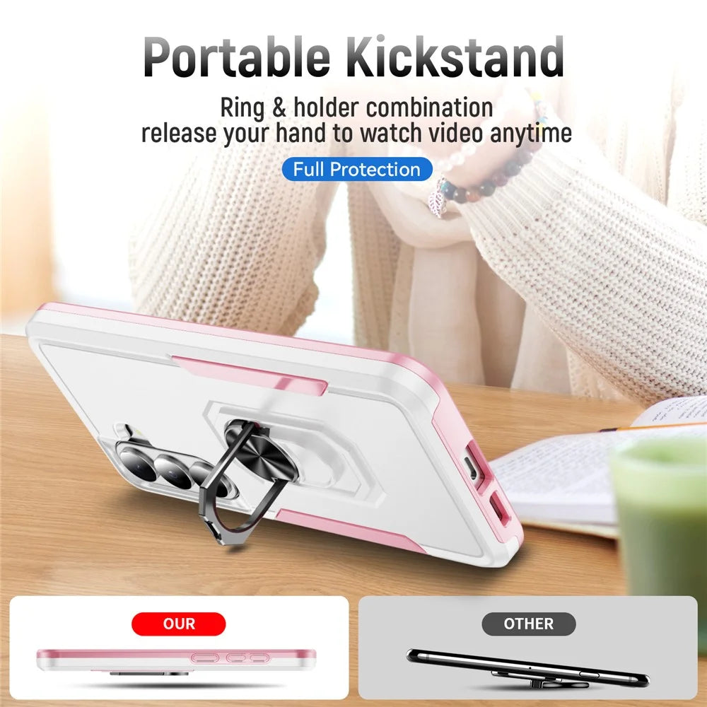 For Samsung Galaxy S26 Case Military Grade Ring Kickstand PC + TPU Phone Cover - White + Pink - 4