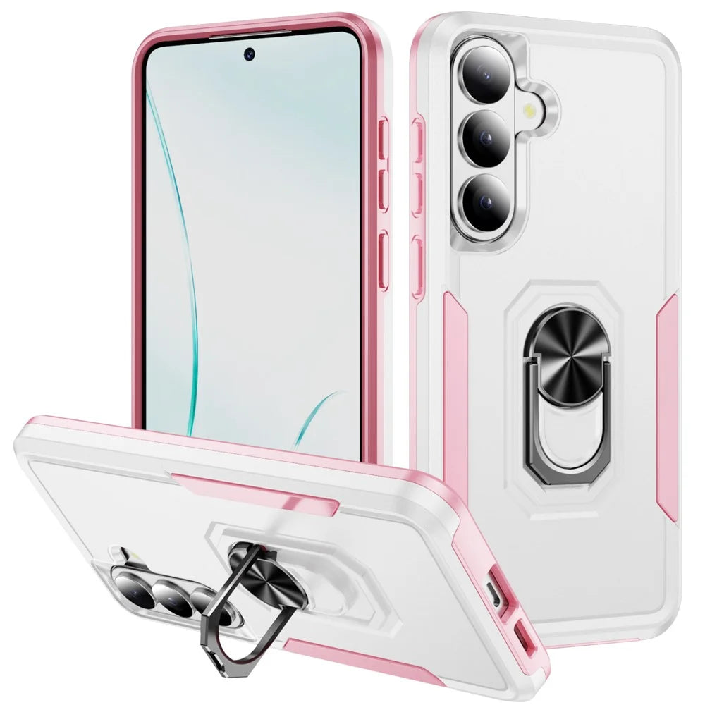 For Samsung Galaxy S26+ Case Military Grade Ring Kickstand PC + TPU Phone Cover -  White + Pink - 1