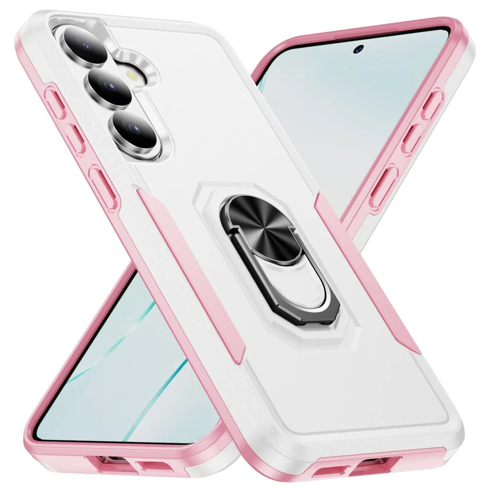 For Samsung Galaxy S26+ Case Military Grade Ring Kickstand PC + TPU Phone Cover -  White + Pink - 2