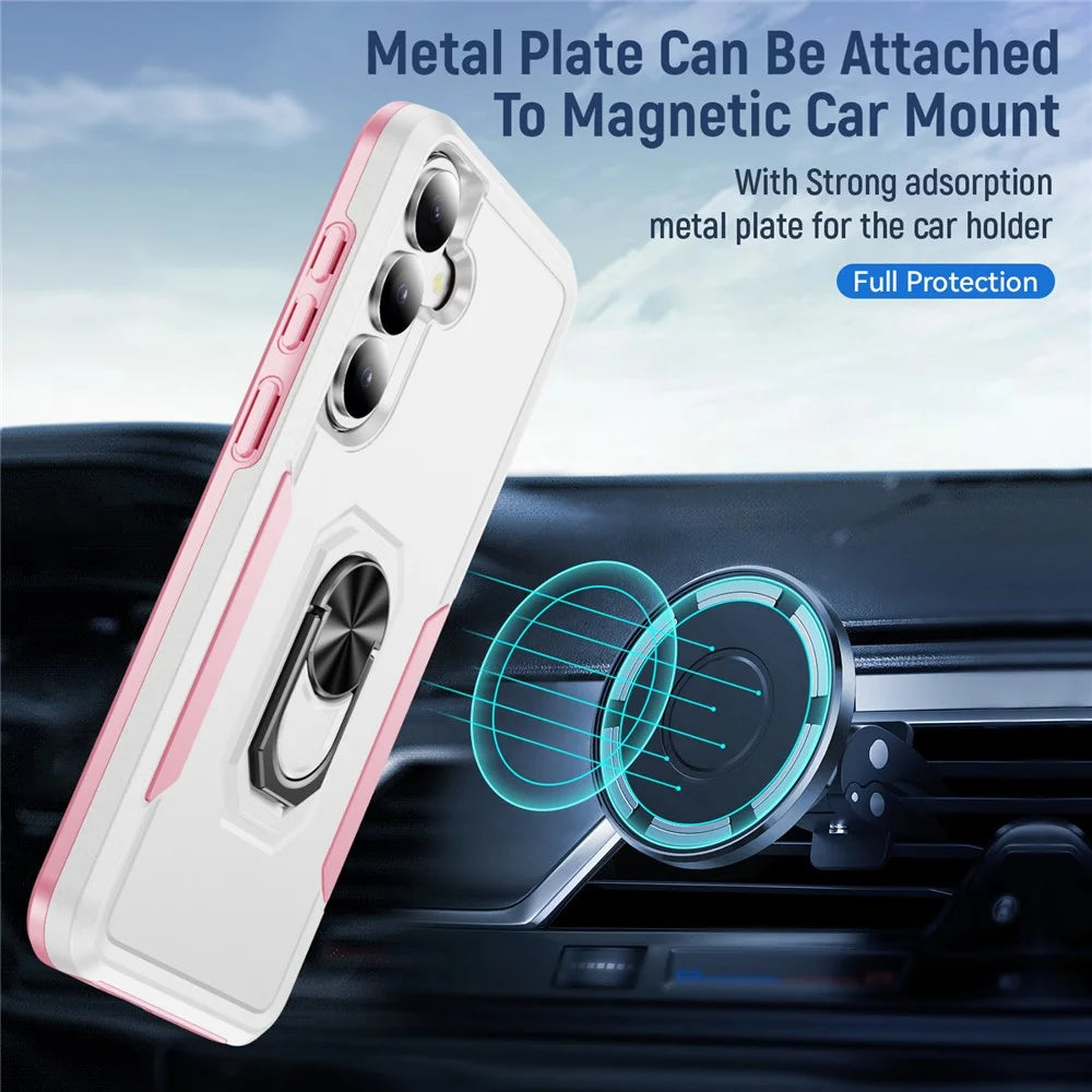 For Samsung Galaxy S26+ Case Military Grade Ring Kickstand PC + TPU Phone Cover -  White + Pink - 3