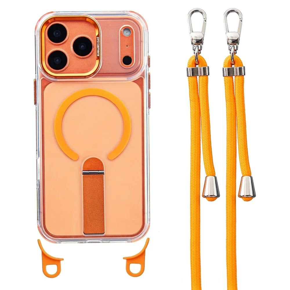 For iPhone 17 Pro Max Magnetic Phone Case Acrylic PC Back Cover with Adjustable Strap Kickstand Compatible with MagSafe - Transparent Orange - 1