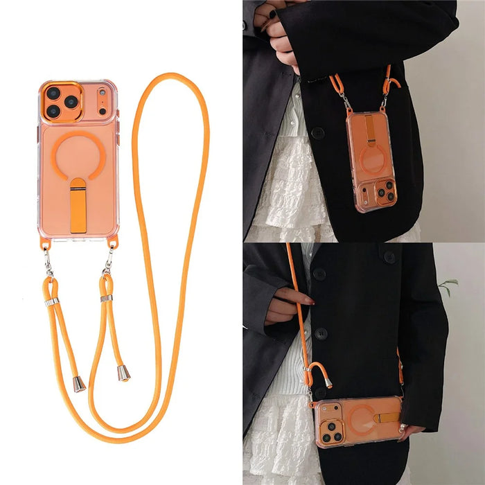 For iPhone 17 Pro Max Magnetic Phone Case Acrylic PC Back Cover with Adjustable Strap Kickstand Compatible with MagSafe - Transparent Orange - 2