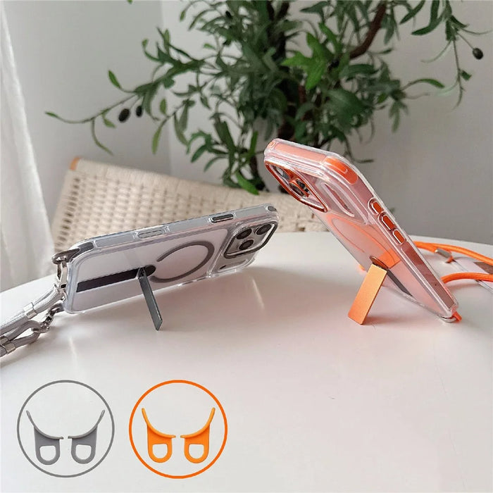 For iPhone 17 Pro Max Magnetic Phone Case Acrylic PC Back Cover with Adjustable Strap Kickstand Compatible with MagSafe - Transparent Orange - 3