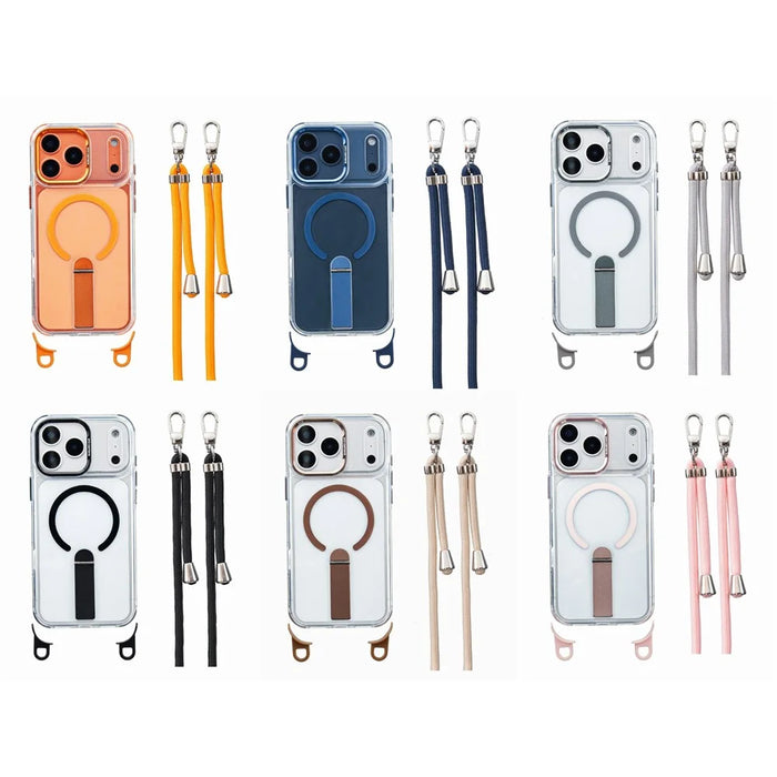 For iPhone 17 Pro Max Magnetic Phone Case Acrylic PC Back Cover with Adjustable Strap Kickstand Compatible with MagSafe - Transparent Orange - 4