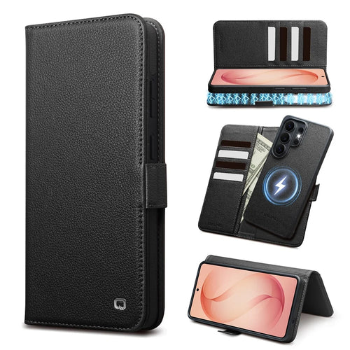 QIALINO For Samsung Galaxy S26 Ultra Magnetic Wallet Case Genuine Leather Detachable Flip Phone Cover - Black - 1