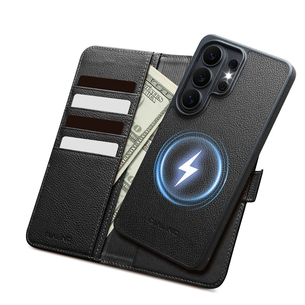 QIALINO For Samsung Galaxy S26 Ultra Magnetic Wallet Case Genuine Leather Detachable Flip Phone Cover - Black - 3