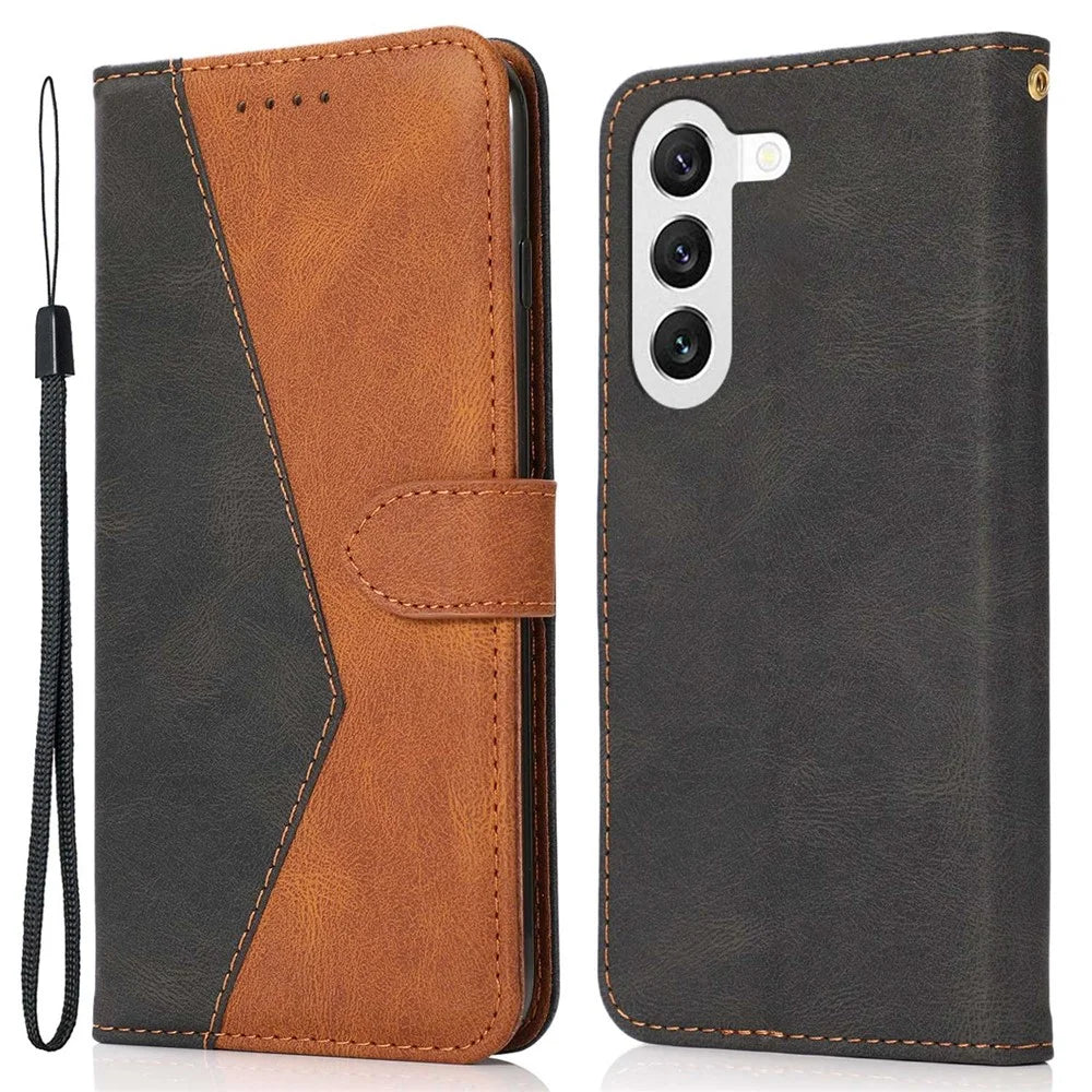 For Samsung Galaxy S23 Color Splicing PU Leather Phone Stand Case Magnetic Clasp Shockproof Wallet Cover with Wrist Strap - Black / Brown - 1