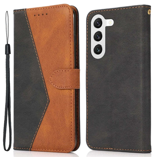 For Samsung Galaxy S23 Color Splicing PU Leather Phone Stand Case Magnetic Clasp Shockproof Wallet Cover with Wrist Strap - Black / Brown - 1
