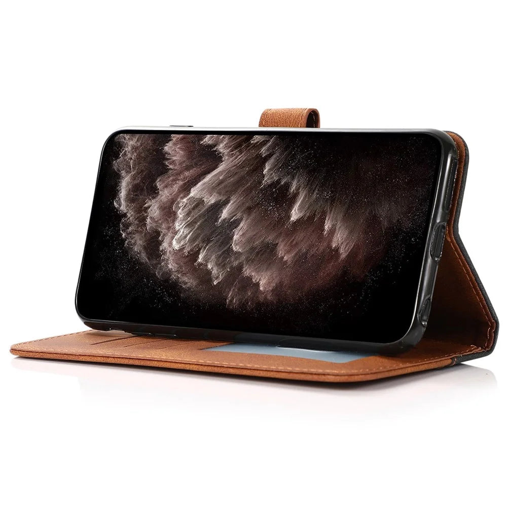 For Samsung Galaxy S23 Color Splicing PU Leather Phone Stand Case Magnetic Clasp Shockproof Wallet Cover with Wrist Strap - Black / Brown - 3