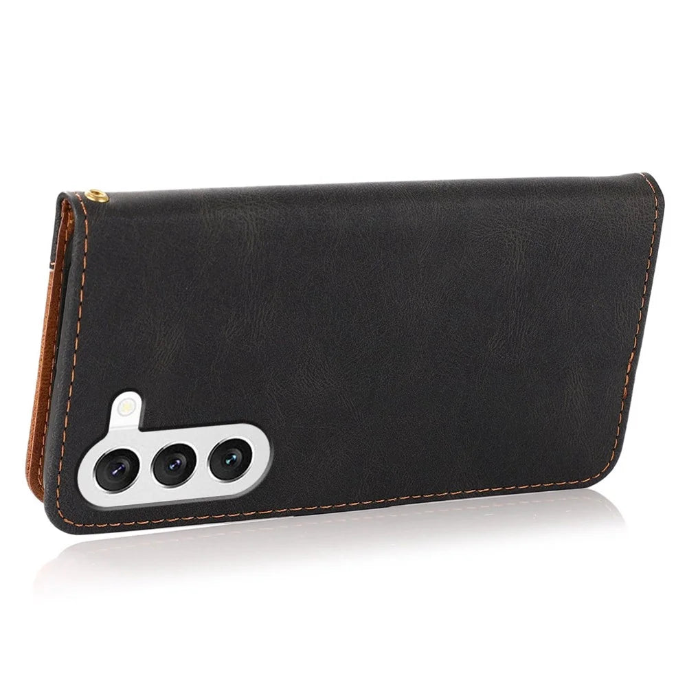 For Samsung Galaxy S23 Color Splicing PU Leather Phone Stand Case Magnetic Clasp Shockproof Wallet Cover with Wrist Strap - Black / Brown - 4