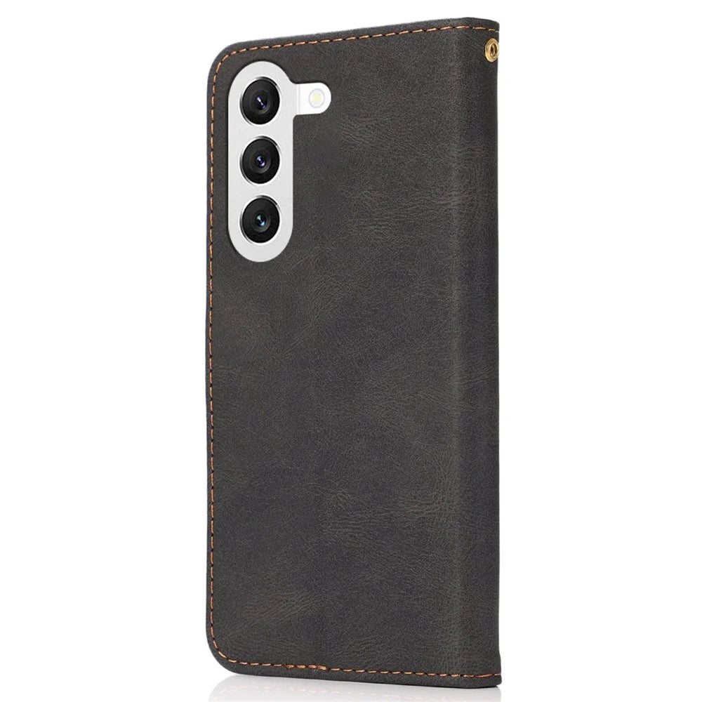 For Samsung Galaxy S23 Color Splicing PU Leather Phone Stand Case Magnetic Clasp Shockproof Wallet Cover with Wrist Strap - Black / Brown - 6