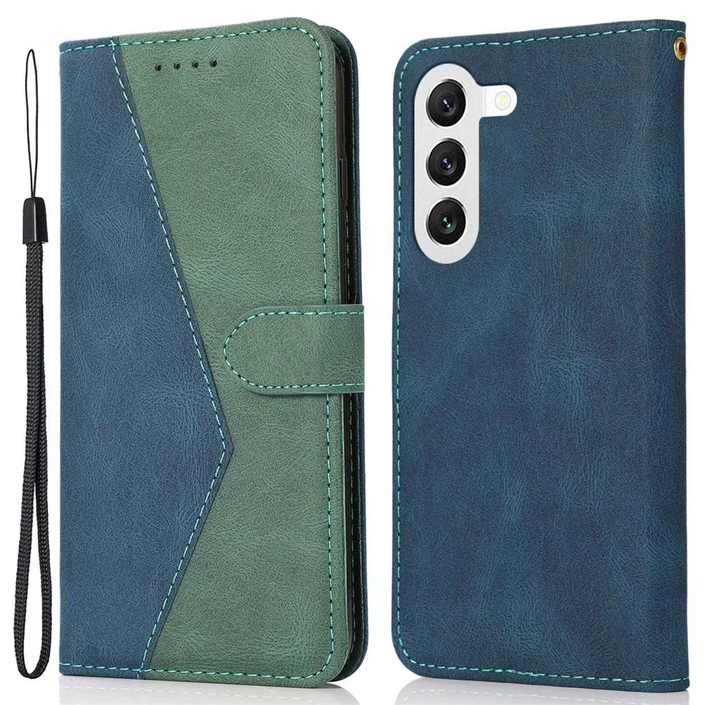 For Samsung Galaxy S23+ Anti-scratch Phone Stand Case Color Splicing PU Leather Folio Flip Wallet Cover with Wrist Strap - Blue / Green - 1