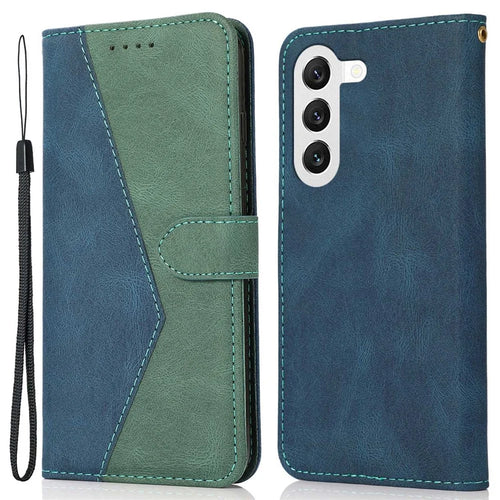 For Samsung Galaxy S23+ Anti-scratch Phone Stand Case Color Splicing PU Leather Folio Flip Wallet Cover with Wrist Strap - Blue / Green - 1