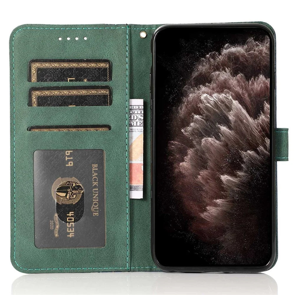 For Samsung Galaxy S23+ Anti-scratch Phone Stand Case Color Splicing PU Leather Folio Flip Wallet Cover with Wrist Strap - Blue / Green - 2