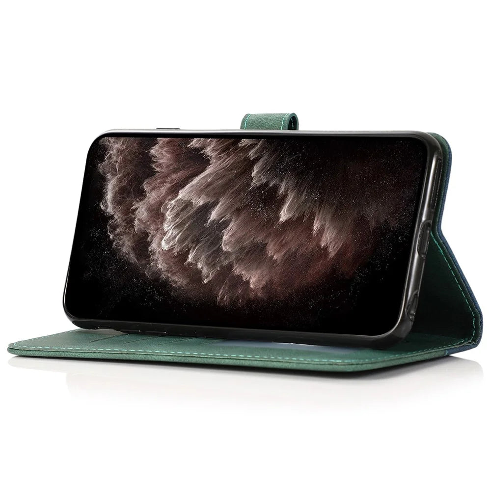 For Samsung Galaxy S23+ Anti-scratch Phone Stand Case Color Splicing PU Leather Folio Flip Wallet Cover with Wrist Strap - Blue / Green - 3