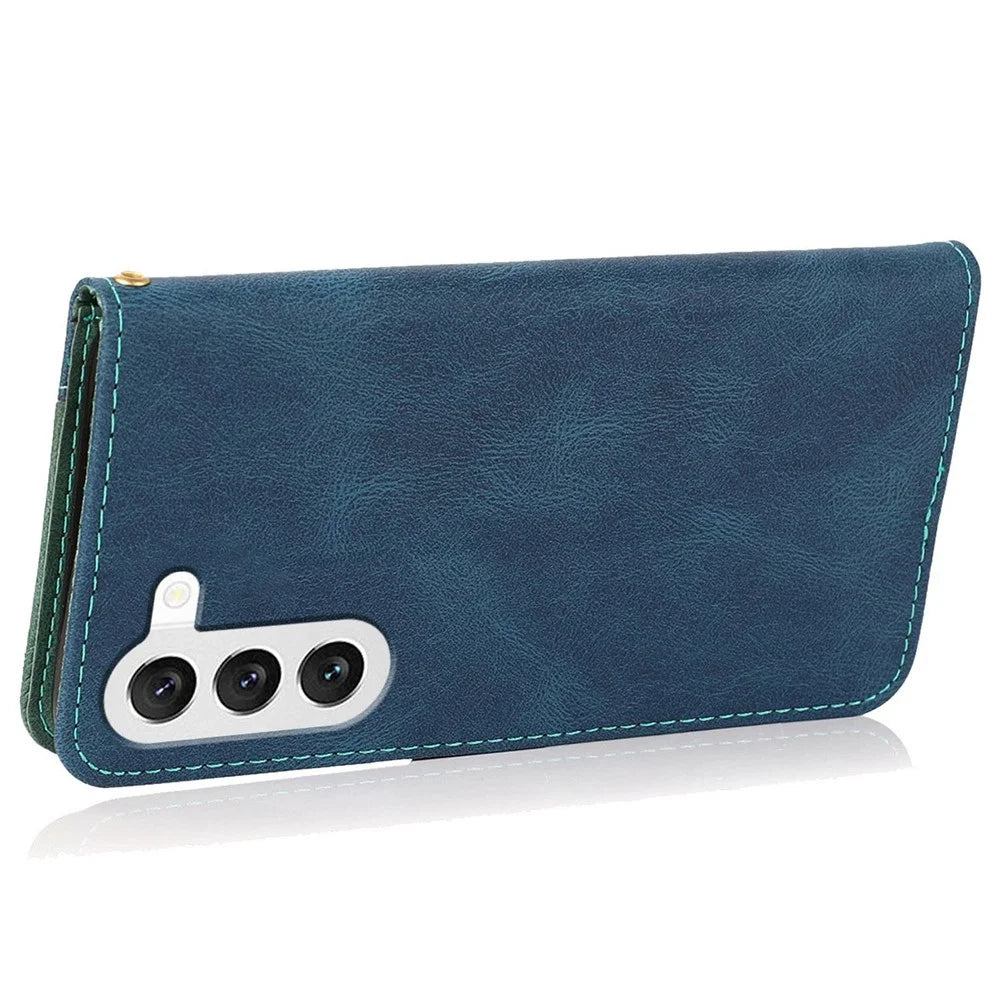 For Samsung Galaxy S23+ Anti-scratch Phone Stand Case Color Splicing PU Leather Folio Flip Wallet Cover with Wrist Strap - Blue / Green - 4