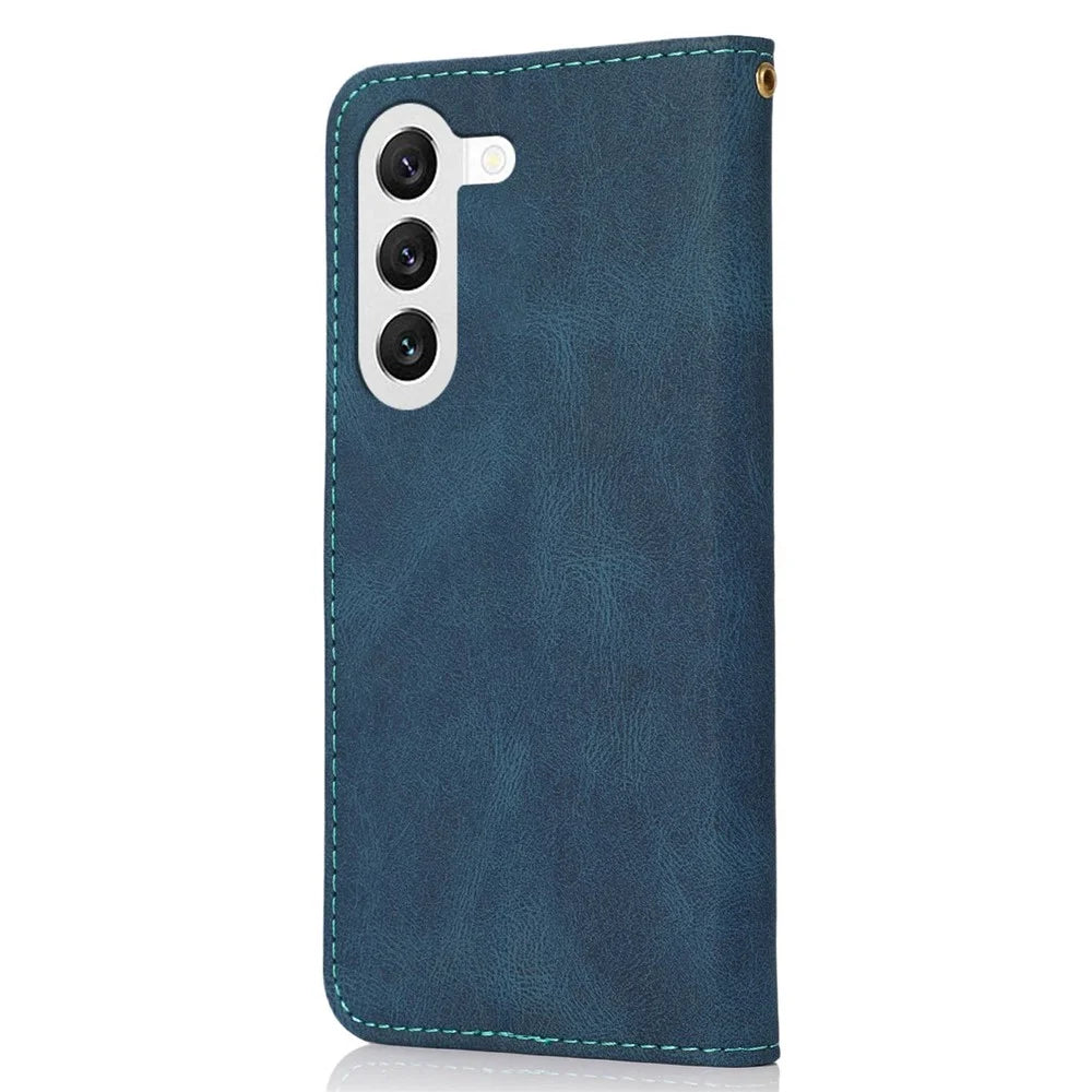 For Samsung Galaxy S23+ Anti-scratch Phone Stand Case Color Splicing PU Leather Folio Flip Wallet Cover with Wrist Strap - Blue / Green - 6