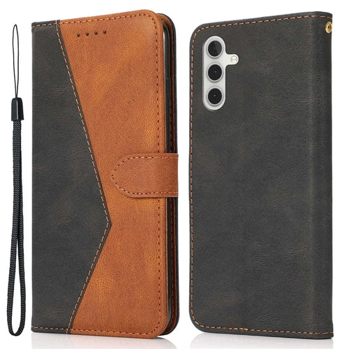 For Samsung Galaxy A14 5G Color Splicing PU Leather Full Protection Inner TPU Phone Case Wallet Stand Cover with Wrist Strap - Black / Brown - 1