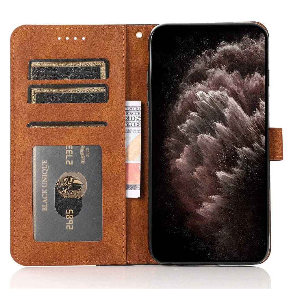 For Samsung Galaxy A14 5G Color Splicing PU Leather Full Protection Inner TPU Phone Case Wallet Stand Cover with Wrist Strap - Black / Brown - 2